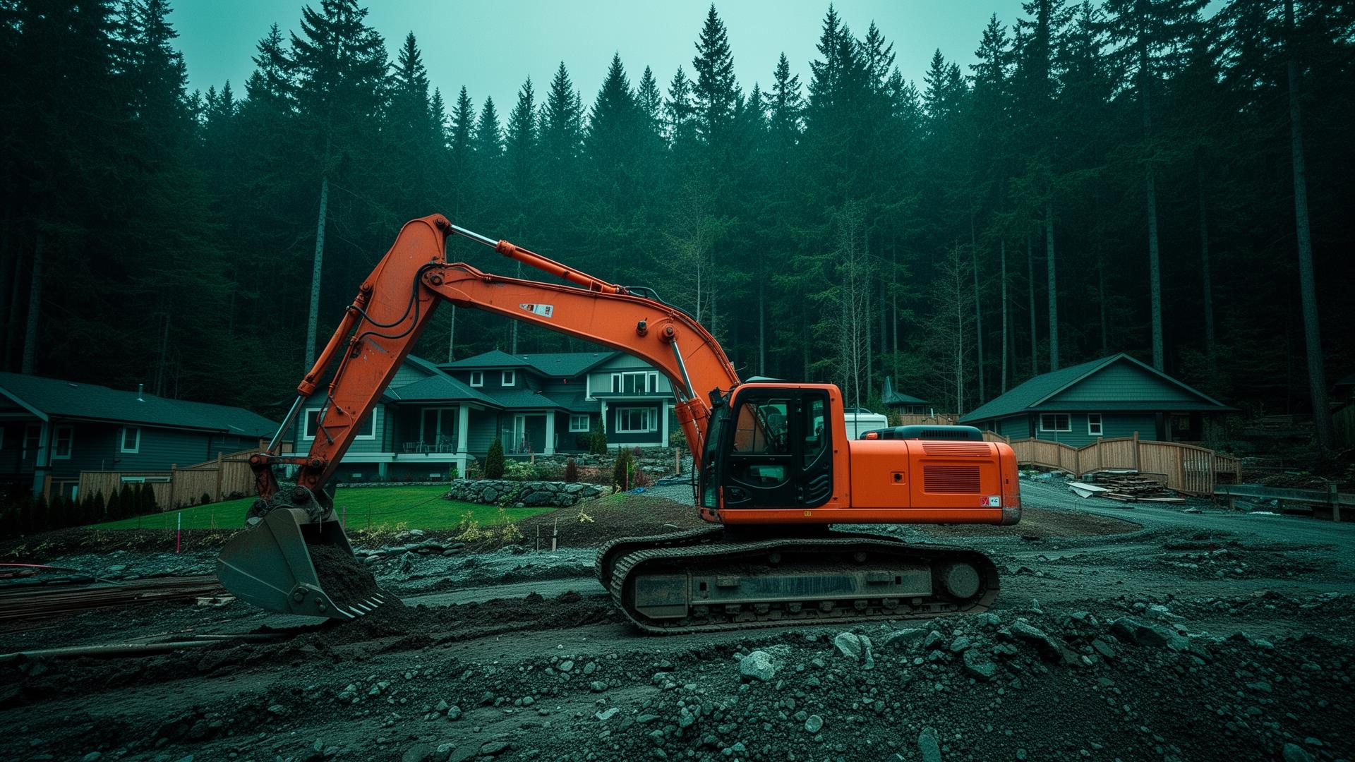 Excavator working on a septic system installation site on a forested Revelstoke property