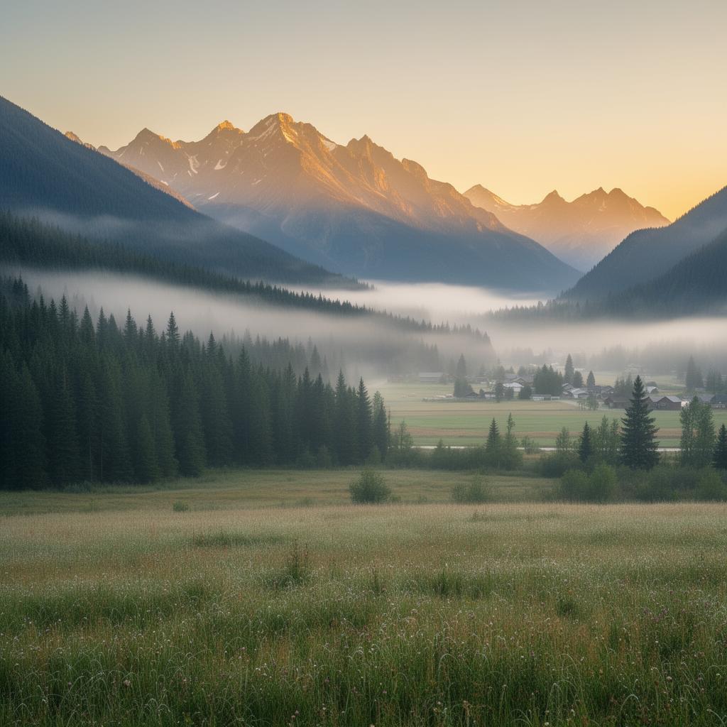 Early morning over the mountains and meadows of Revelstoke, BC